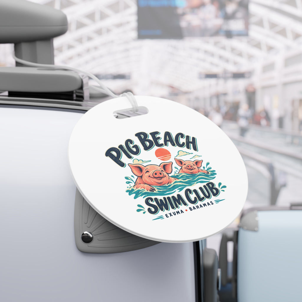 Pig Beach Swim Club Exuma Bahamas luggage tag with artwork positioned below the strap opening.