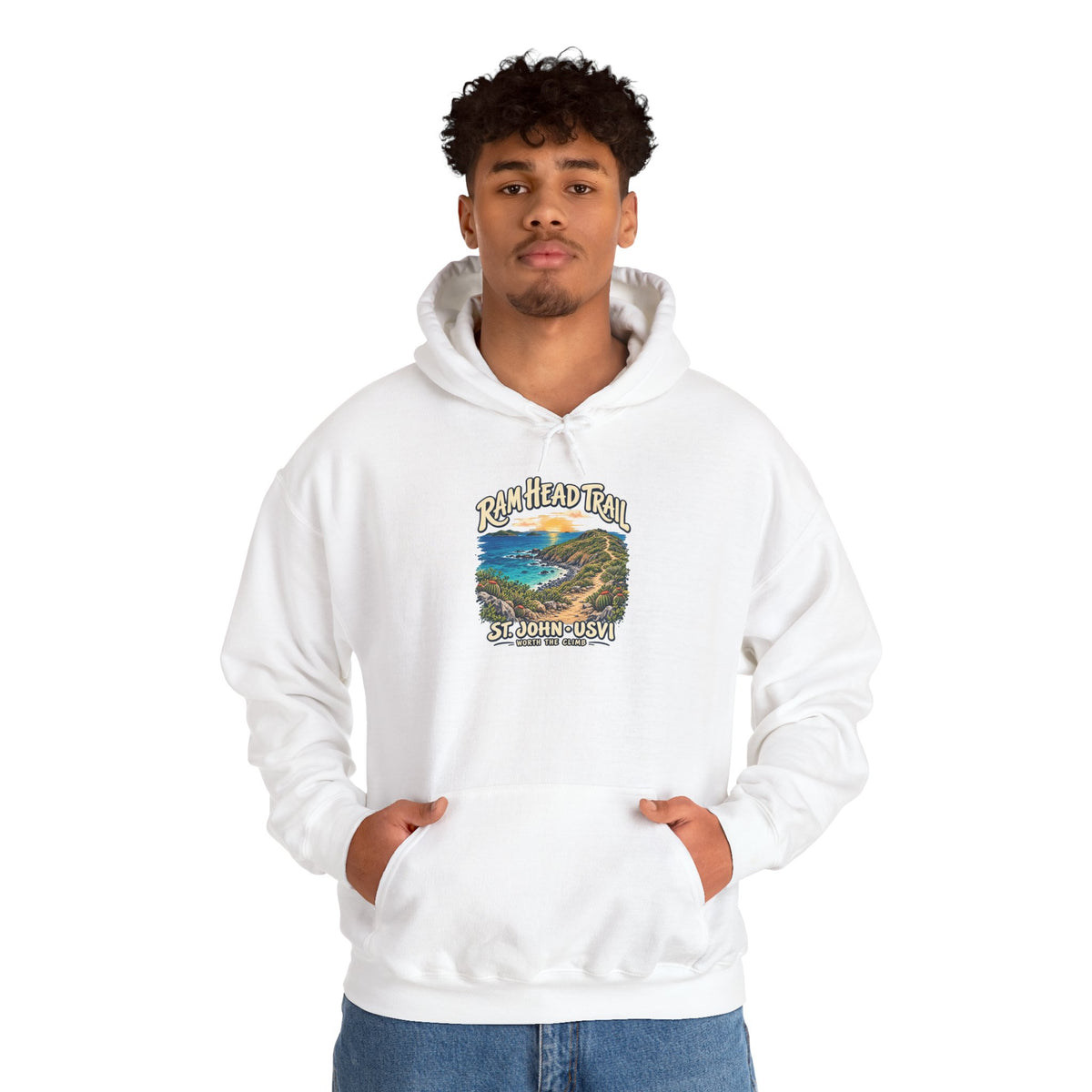 Model wearing a Gildan 18500 hoodie with the Ram Head Trail coastal design and St. John USVI lettering on the front.