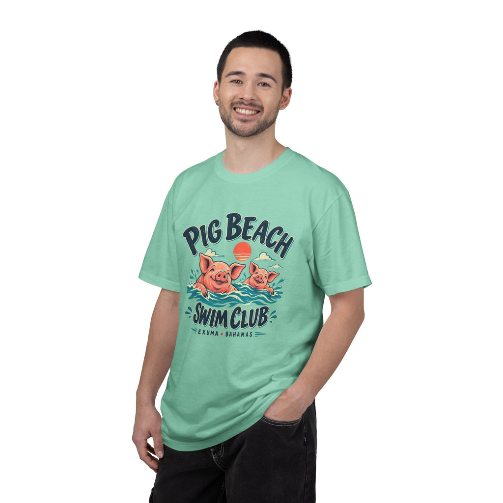 Model wearing the Pig Beach Swim Club Exuma Bahamas Comfort Colors 1717 T-shirt.