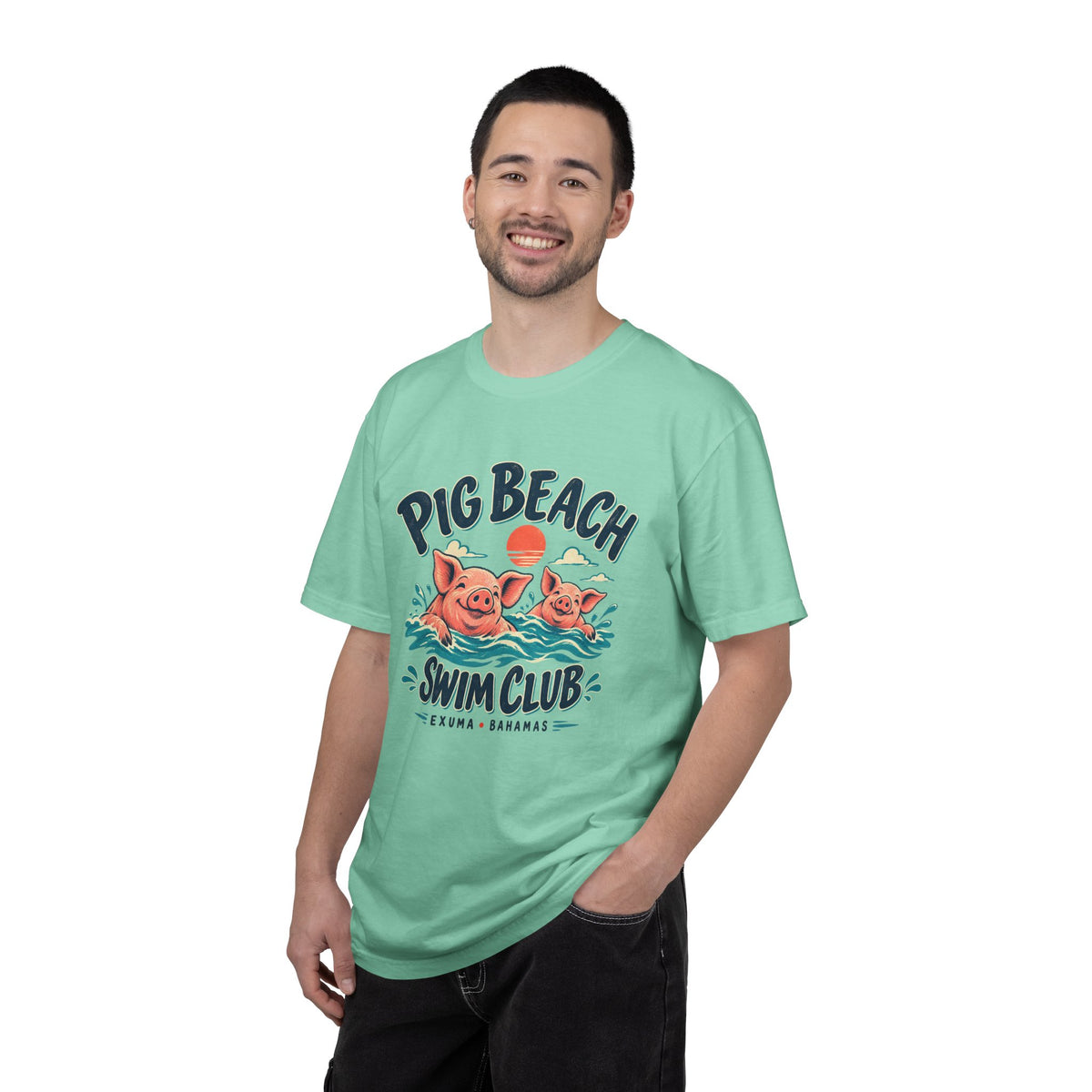 Model wearing the Pig Beach Swim Club Exuma Bahamas Comfort Colors 1717 T-shirt.