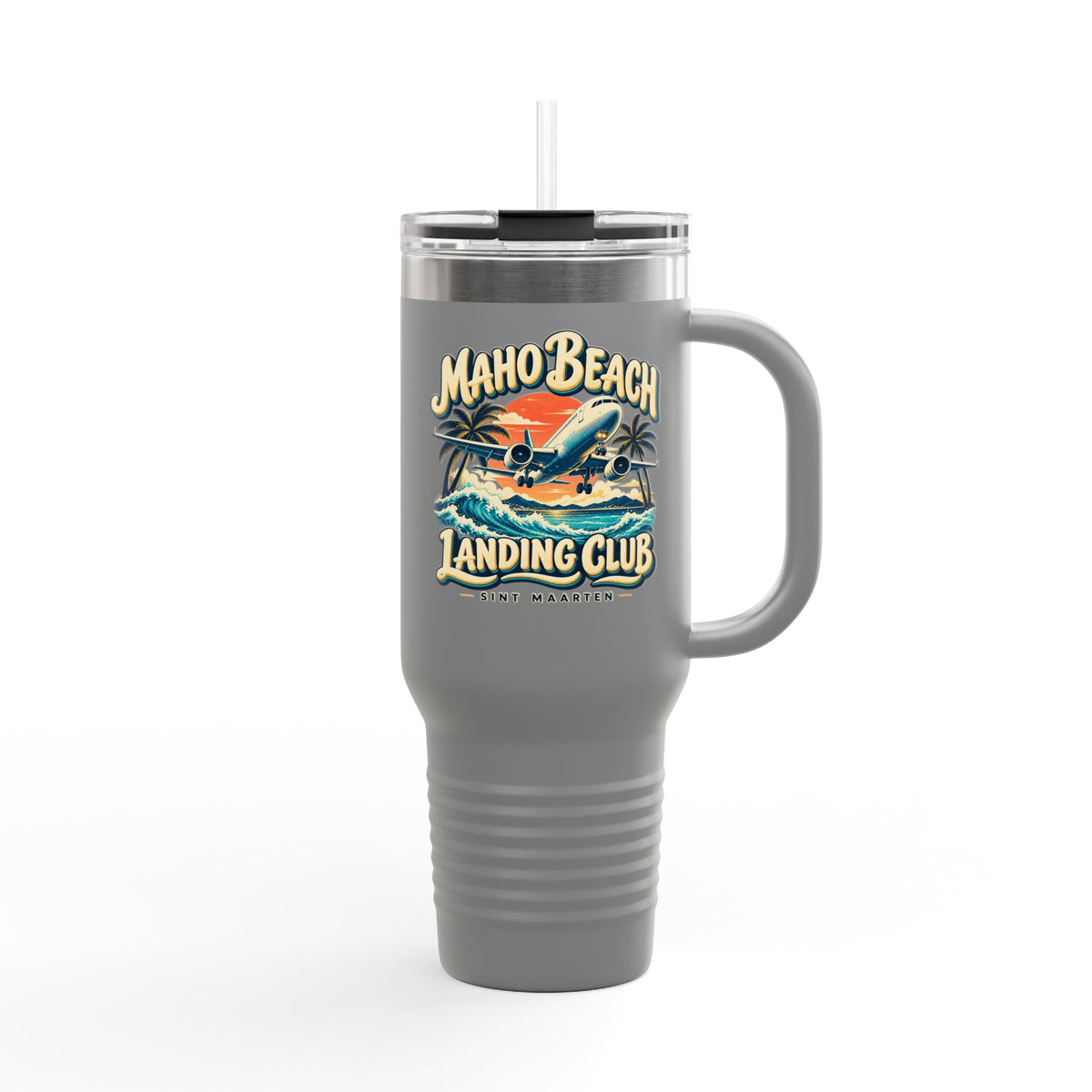 Maho Beach Landing Club Sint Maarten Polar Camel 40 oz Travel Mug illustrated destination design, product mockup