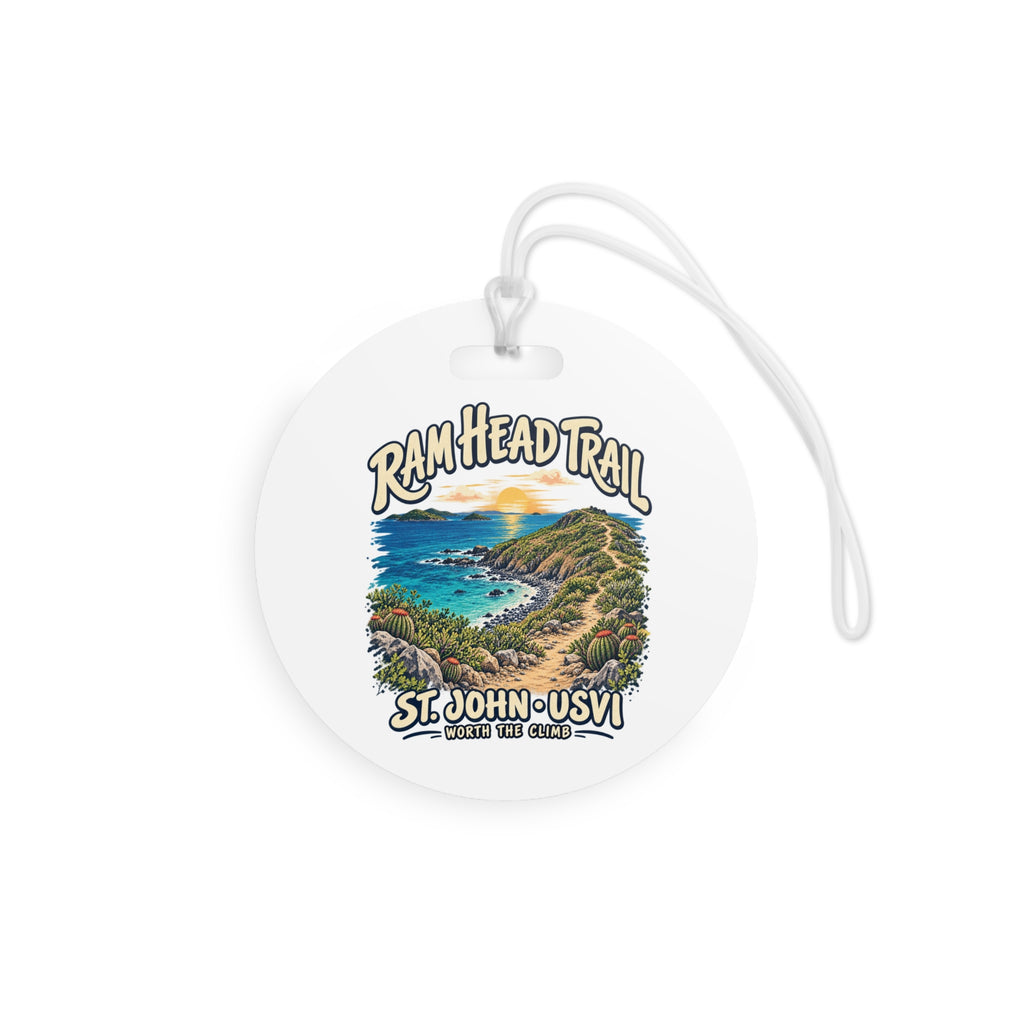 Ram Head Trail St John USVI double-sided luggage tag with coastal artwork, round shape, product view 6