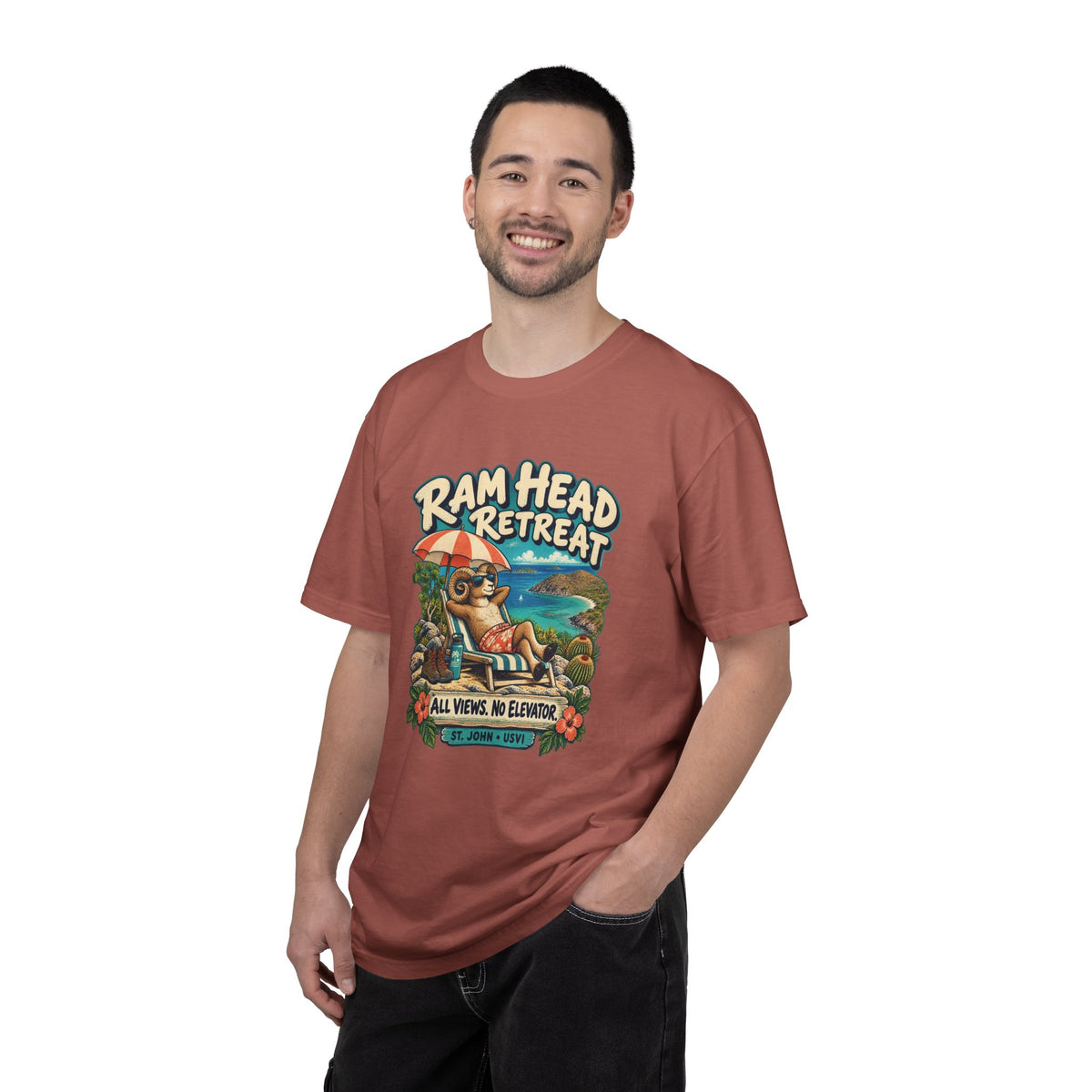 Model wearing a Comfort Colors 1717 T-shirt with the Ram Head Retreat lounging ram illustration and St. John USVI lettering.