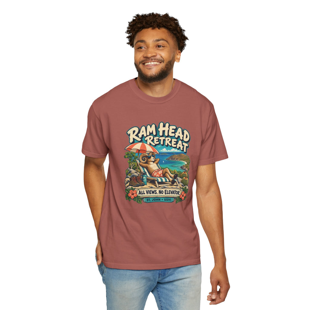 Model wearing a Comfort Colors 1717 T-shirt with the Ram Head Retreat lounging ram illustration and St. John USVI lettering.