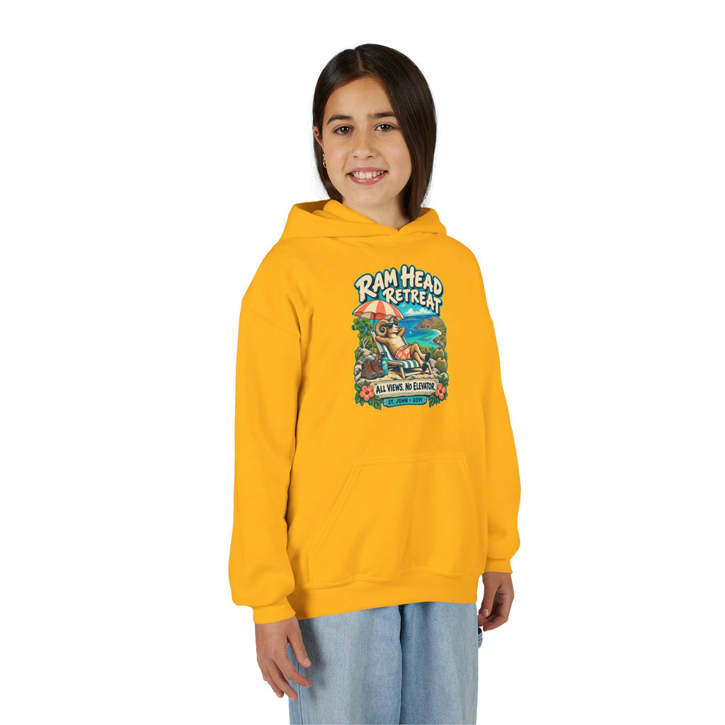 Model wearing Ram Head Retreat St John USVI Gildan 18500B Youth Hoodie with the lounging ram retreat design.