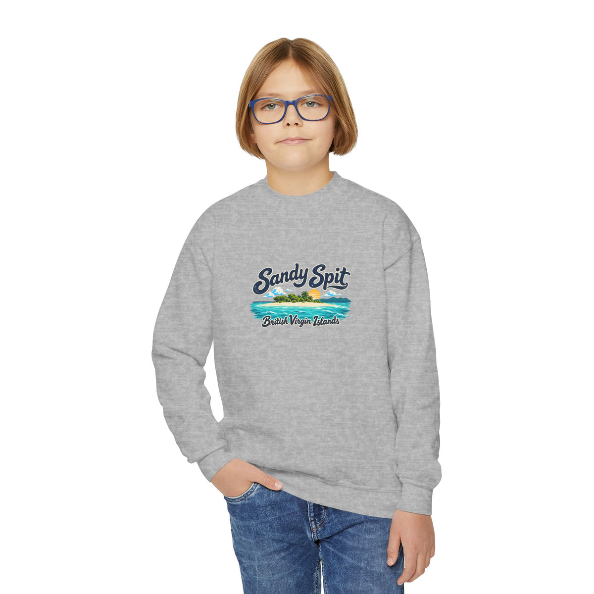 Youth model wearing the Sandy Spit BVI Gildan 18000B sweatshirt with enlarged island artwork placed higher on the chest.