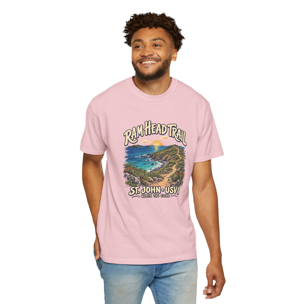 Model wearing a Comfort Colors 1717 T-shirt with the Ram Head Trail coastal illustration and St. John USVI lettering on the front.