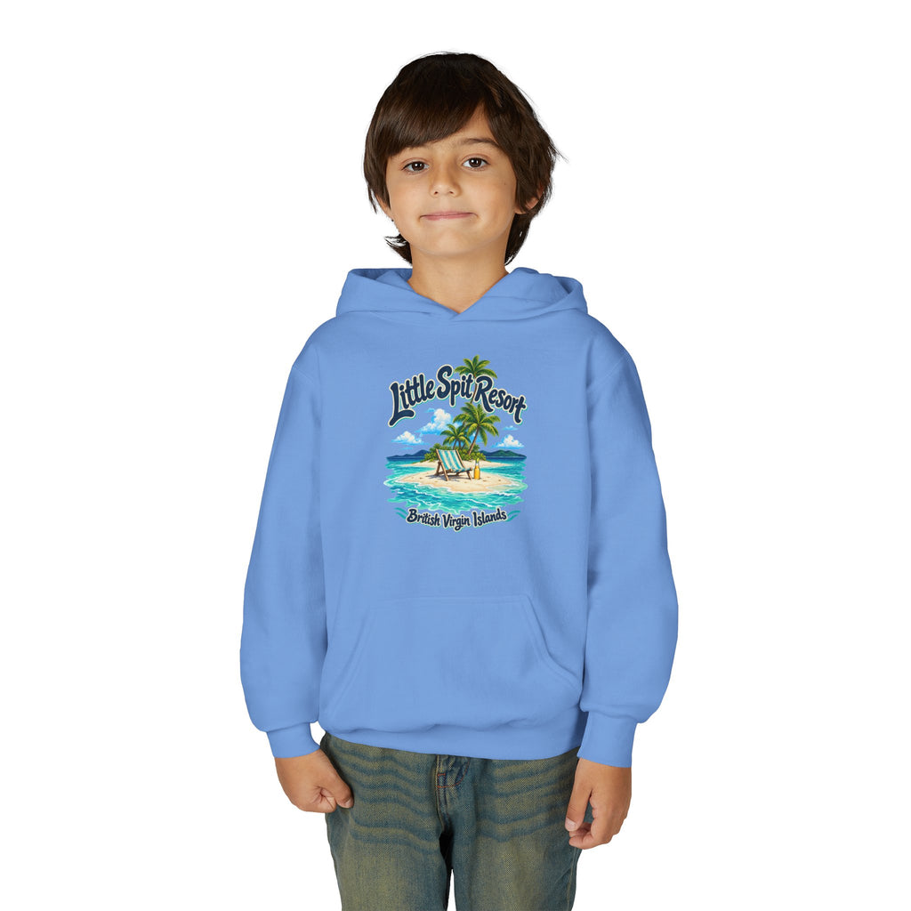 Young model wearing the Little Spit Resort BVI Gildan 18500B youth hoodie, front-view mockup.