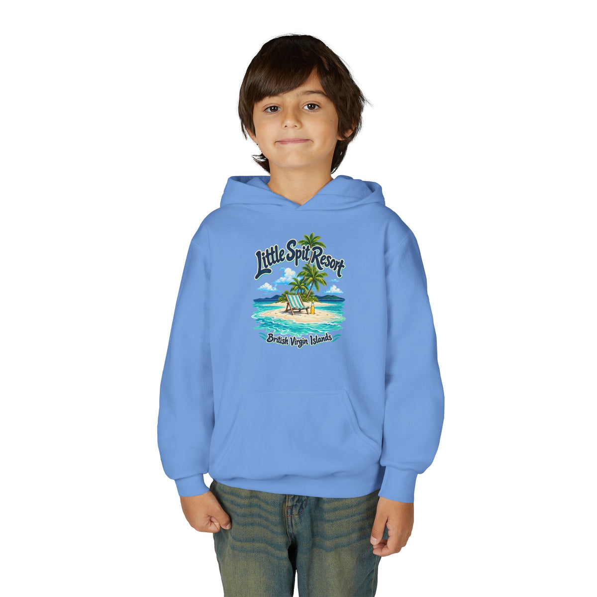 Young model wearing the Little Spit Resort BVI Gildan 18500B youth hoodie, front-view mockup.