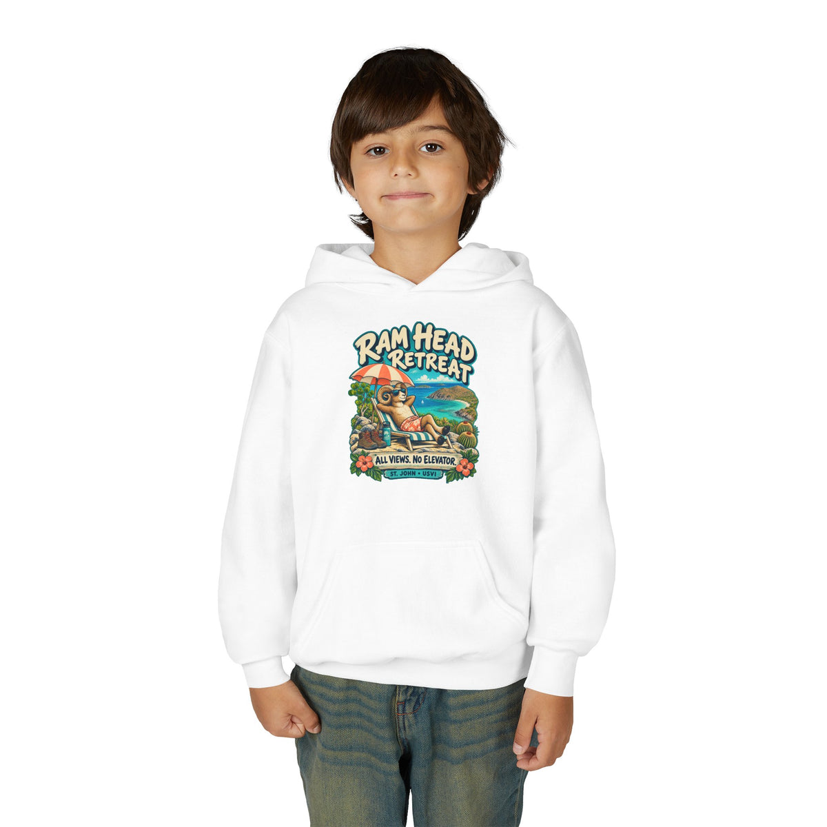 Model wearing Ram Head Retreat St John USVI Gildan 18500B Youth Hoodie with the lounging ram retreat design.