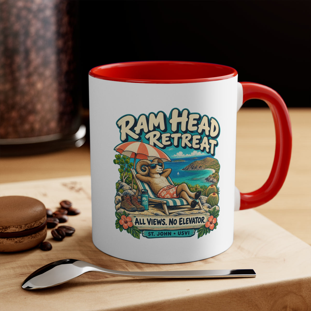 Ram Head Retreat St John USVI accent mug displaying the lounging ram design on its printed side.