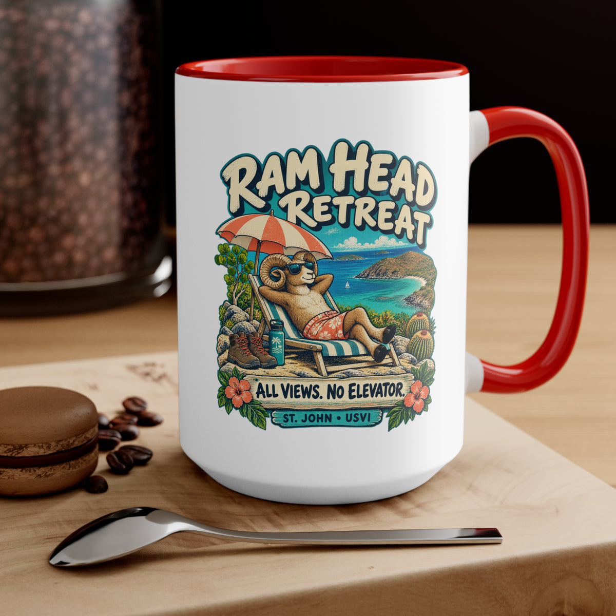 Ram Head Retreat St John USVI accent mug displaying the lounging ram design on its printed side.
