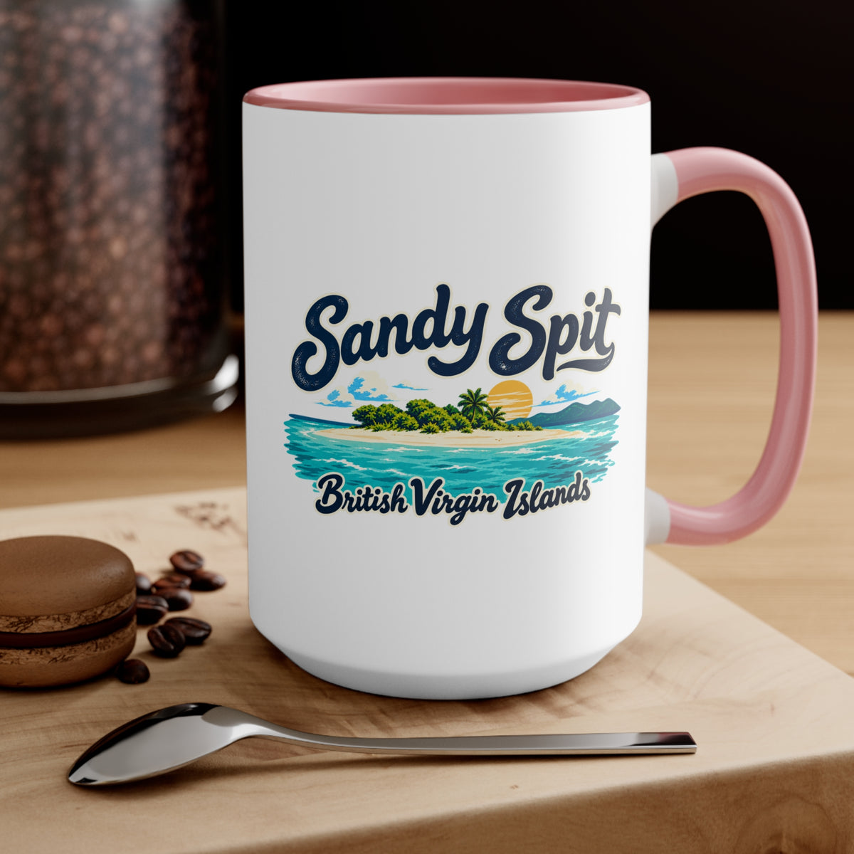 Sandy Spit BVI accent coffee mug displayed on a tabletop with coffee beans and a spoon.