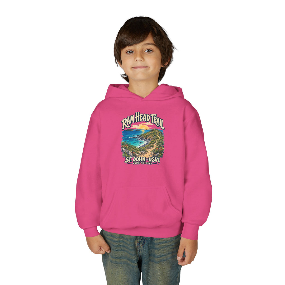 Youth model wearing a Gildan 18500B hoodie with Ram Head Trail St John USVI coastal artwork.
