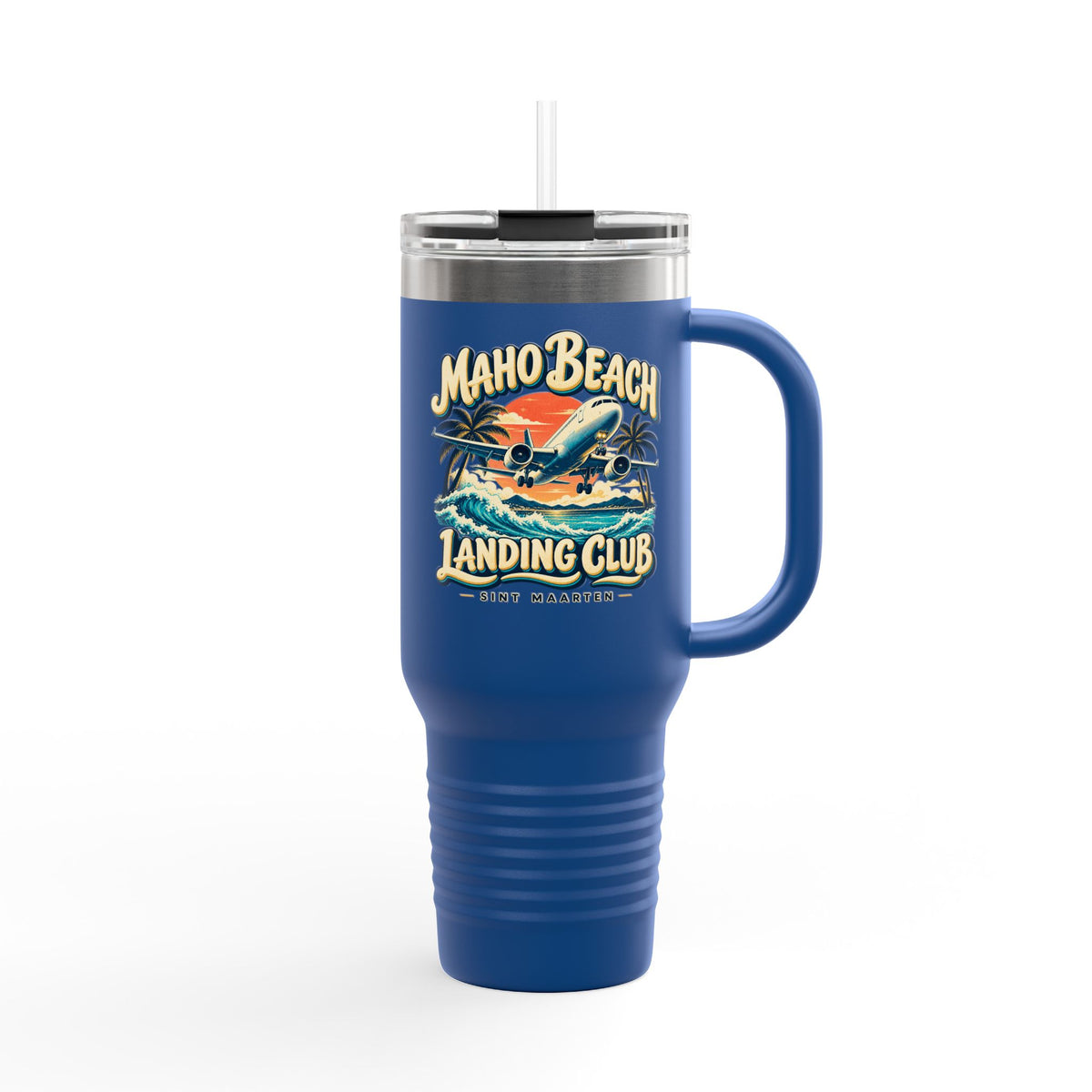 Maho Beach Landing Club Sint Maarten Polar Camel 40 oz Travel Mug illustrated destination design, product mockup