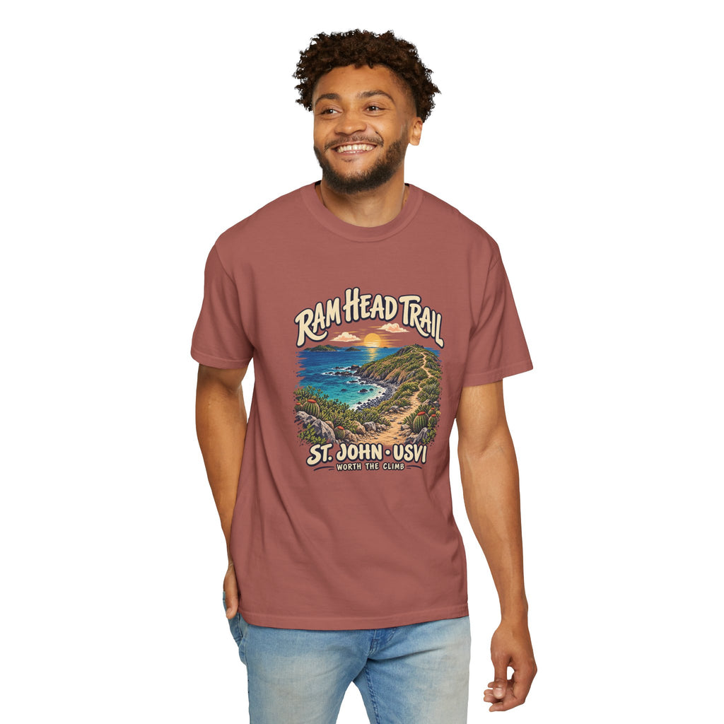 Model wearing a Comfort Colors 1717 T-shirt with the Ram Head Trail coastal illustration and St. John USVI lettering on the front.