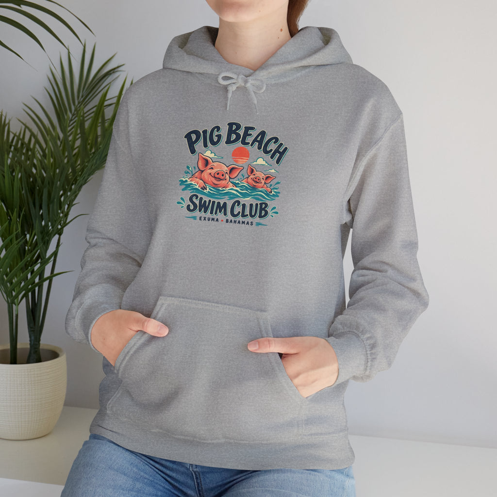 Model wearing the Pig Beach Swim Club Exuma Bahamas Gildan 18500 hoodie.