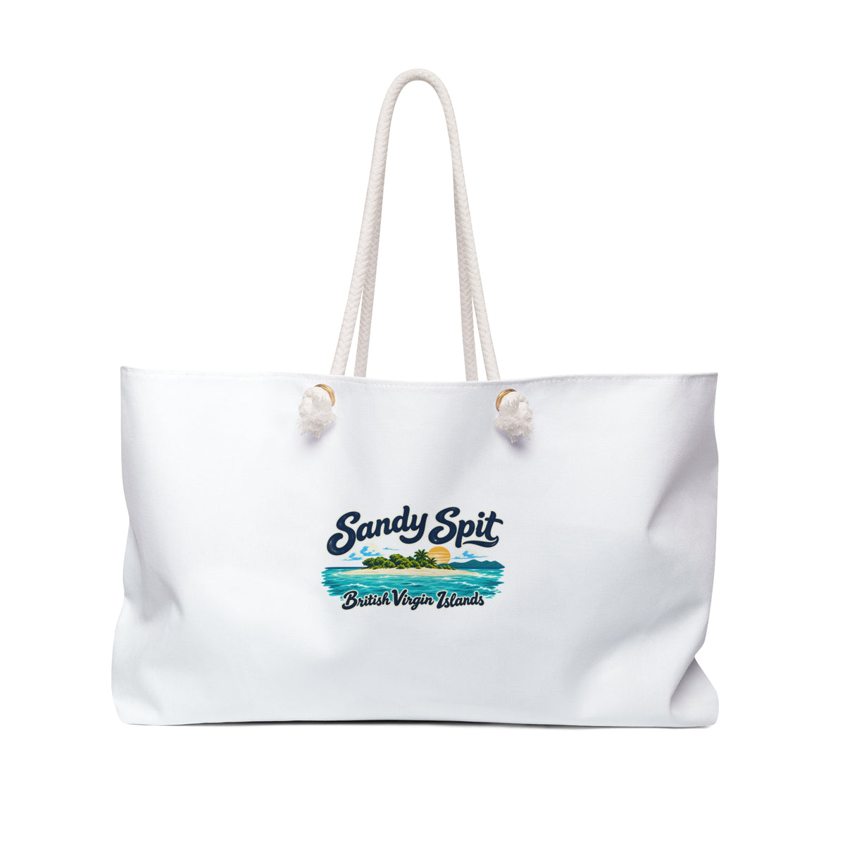 Sandy Spit BVI Weekender Bag with island artwork and cream rope handles, front view.