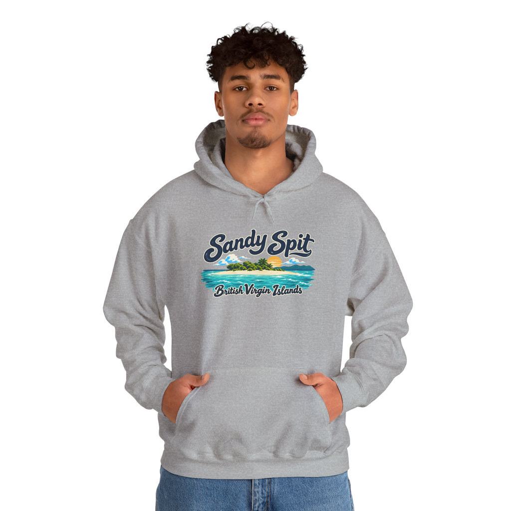 Model wearing the Sandy Spit BVI Gildan 18500 hoodie with colorful palm-tree island artwork and British Virgin Islands lettering.