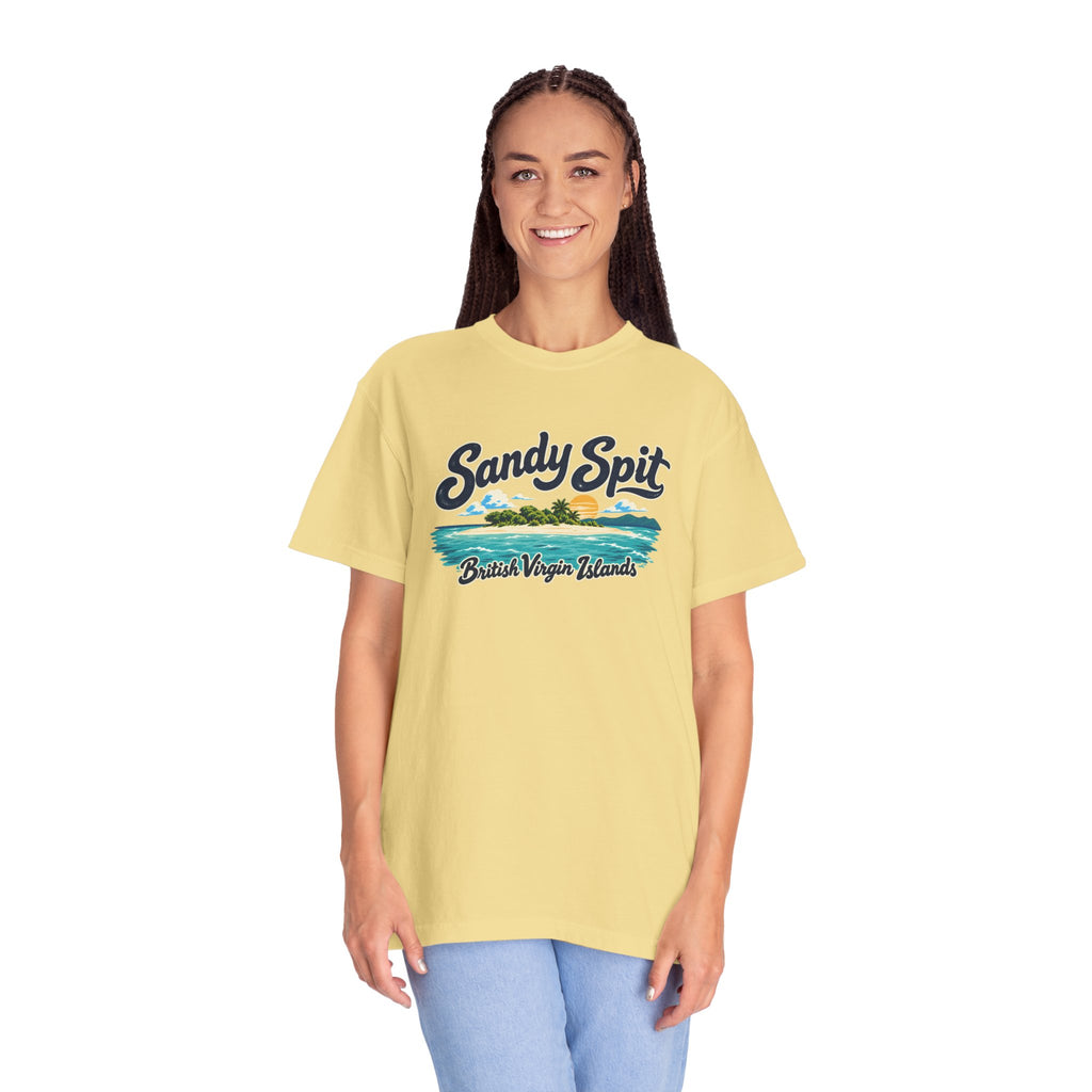Model wearing the Sandy Spit BVI Comfort Colors 1717 T-shirt with colorful palm-tree island artwork and British Virgin Islands lettering.