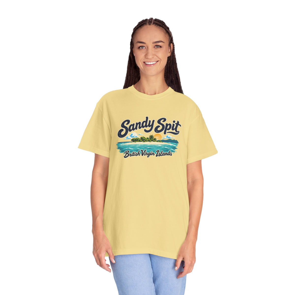 Model wearing the Sandy Spit BVI Comfort Colors 1717 T-shirt with colorful palm-tree island artwork and British Virgin Islands lettering.