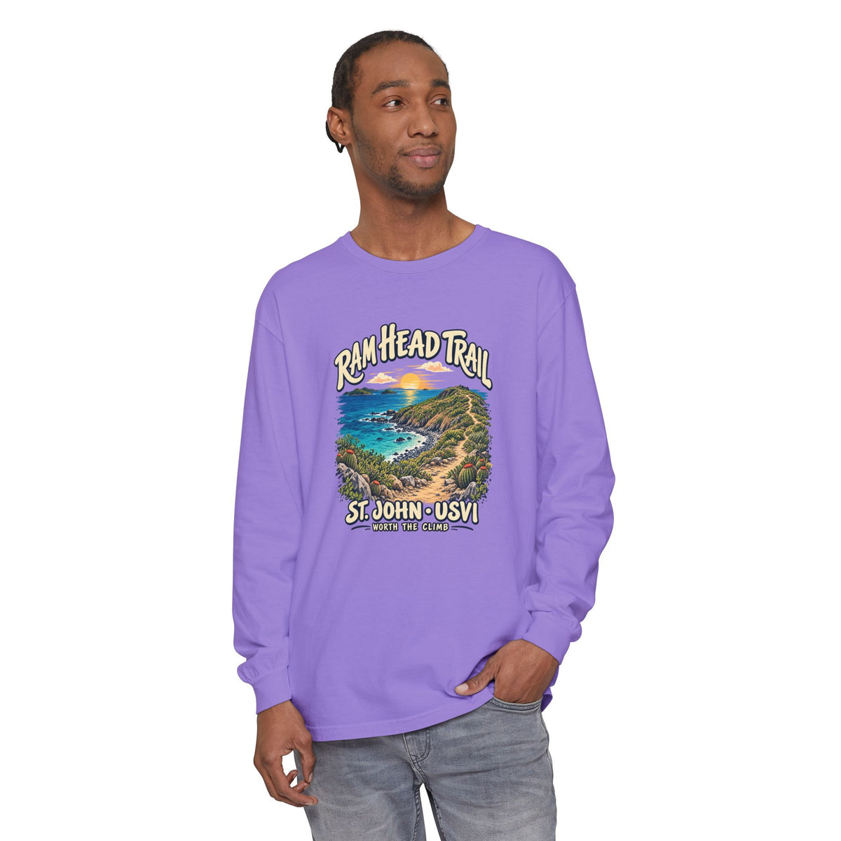 Model mockup of a Comfort Colors 6014 long-sleeve shirt featuring Ram Head Trail, St. John USVI coastal artwork and Worth the Climb lettering.