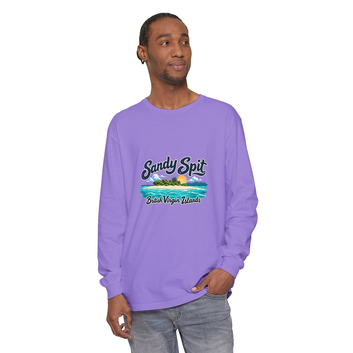 Model wearing the Sandy Spit British Virgin Islands Comfort Colors 6014 long-sleeve T-shirt.