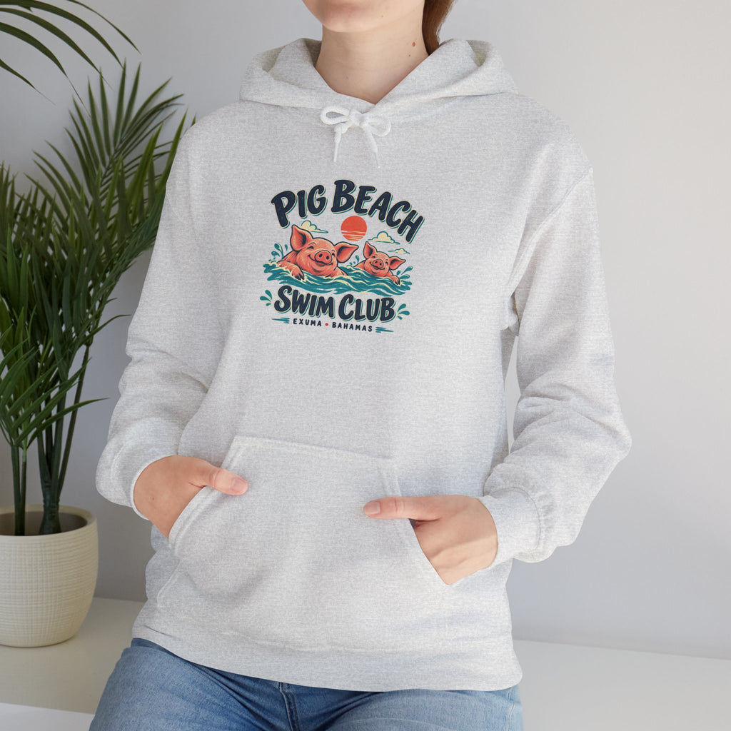 Model wearing the Pig Beach Swim Club Exuma Bahamas Gildan 18500 hoodie.