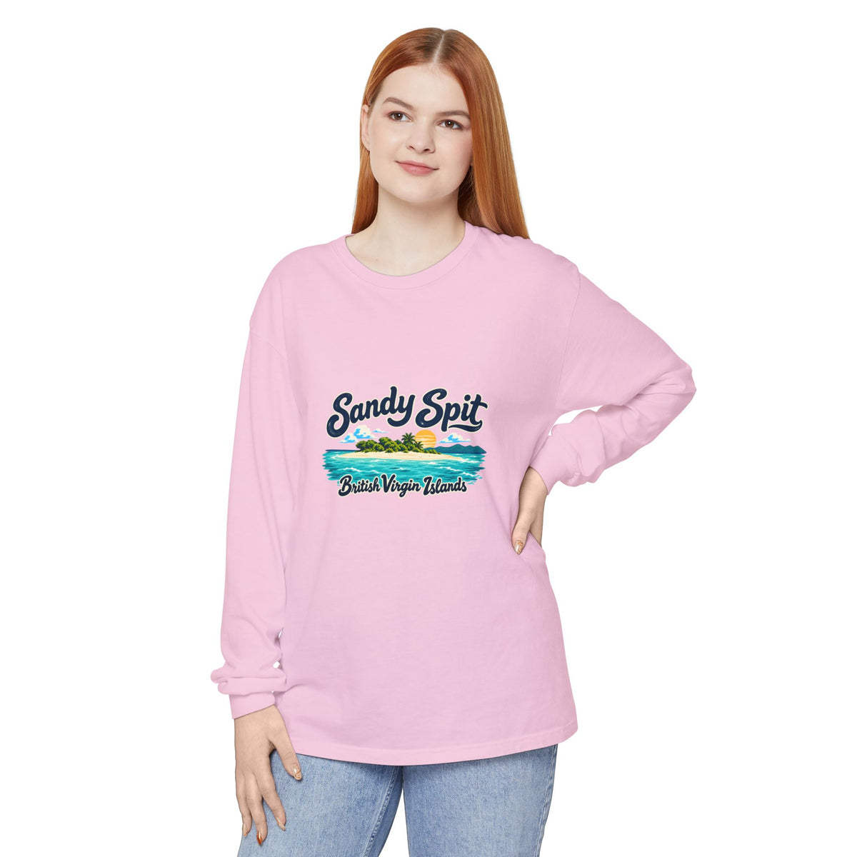 Model wearing the Sandy Spit British Virgin Islands Comfort Colors 6014 long-sleeve T-shirt.