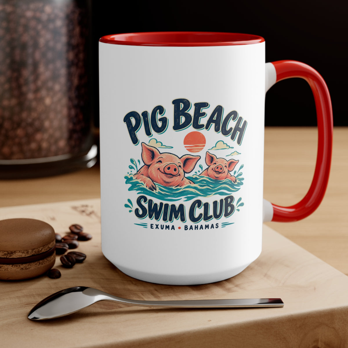 Pig Beach Swim Club Exuma Bahamas accent mug with colorful swimming-pig artwork printed on both sides.
