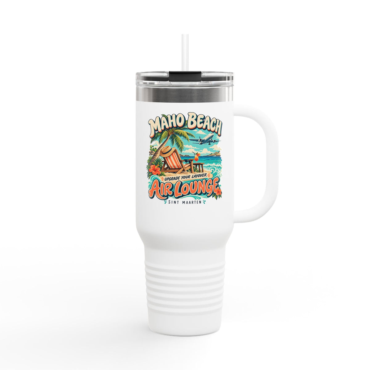 Maho Beach Air Lounge Sint Maarten Polar Camel 40 oz Travel Mug illustrated destination design, product mockup