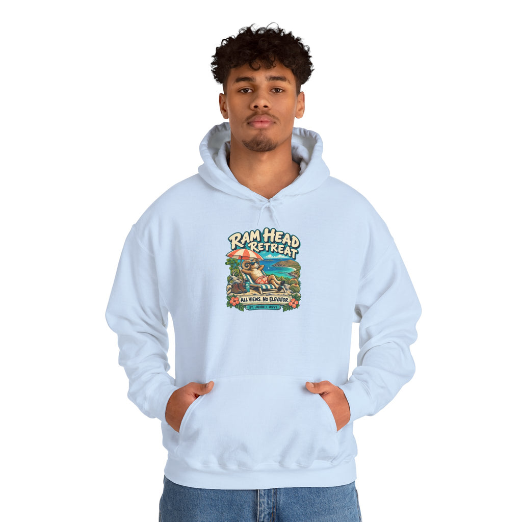 Model wearing a Ram Head Retreat St John USVI Gildan 18500 hoodie with lounging ram artwork.