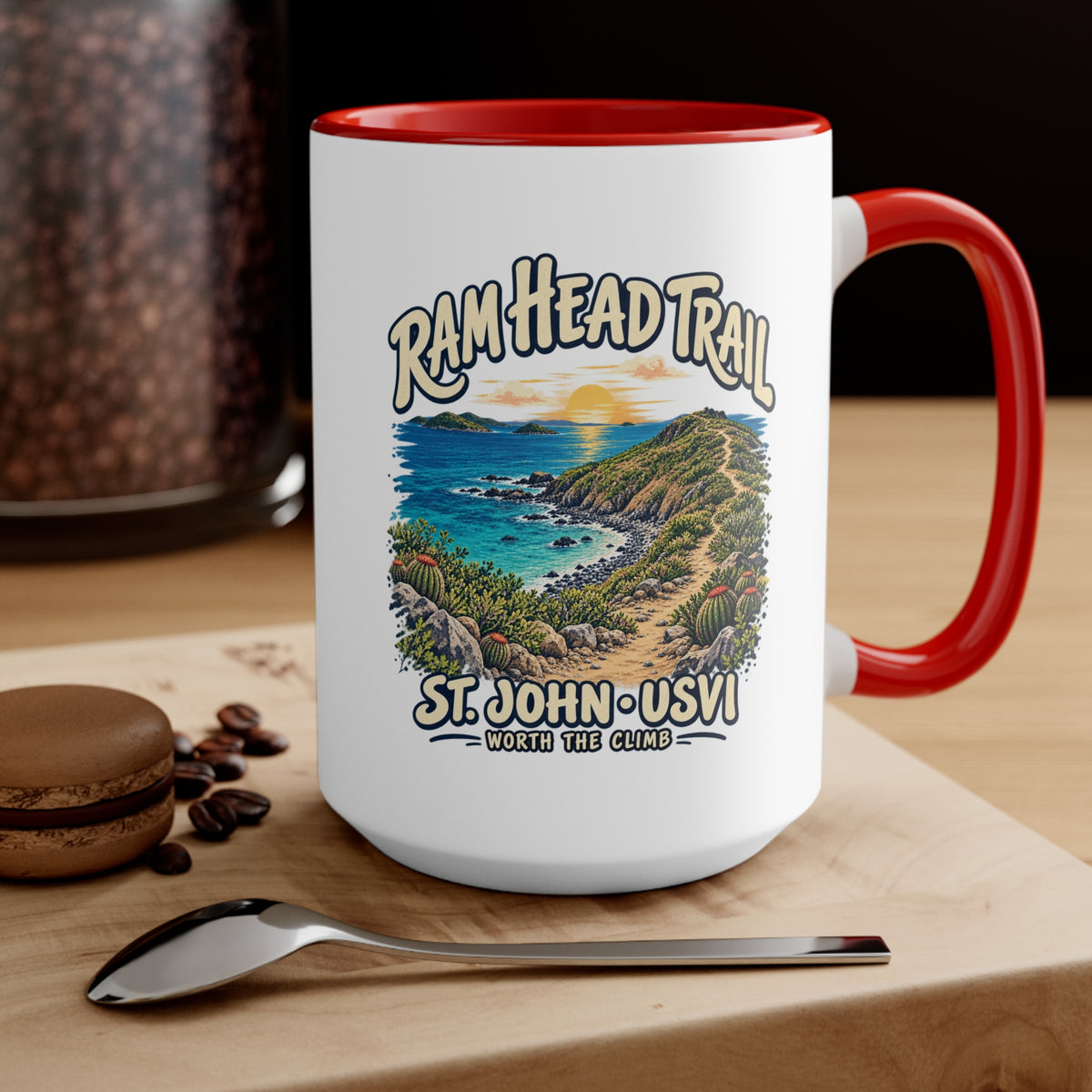 Ram Head Trail St John USVI coastal artwork on the printed side of a ceramic accent coffee mug.