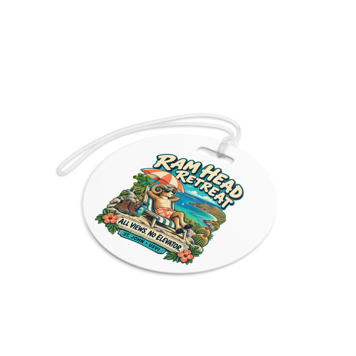 Ram Head Retreat St John USVI luggage tag with relaxing ram artwork, product mockup 5
