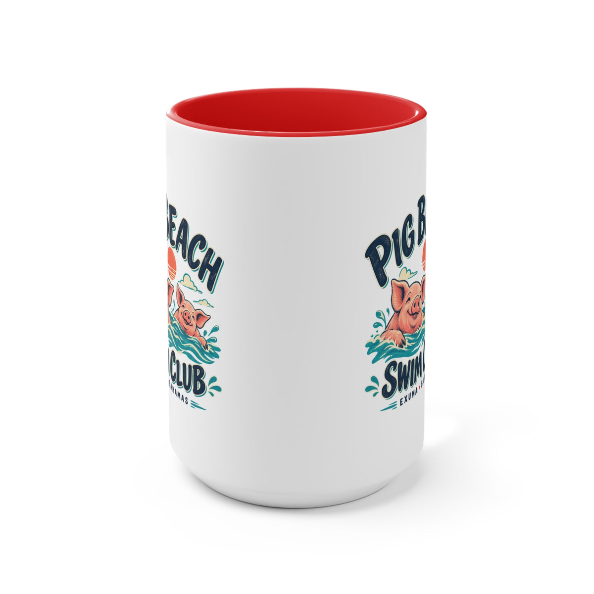 Pig Beach Swim Club Exuma Bahamas accent mug with colorful swimming-pig artwork printed on both sides.