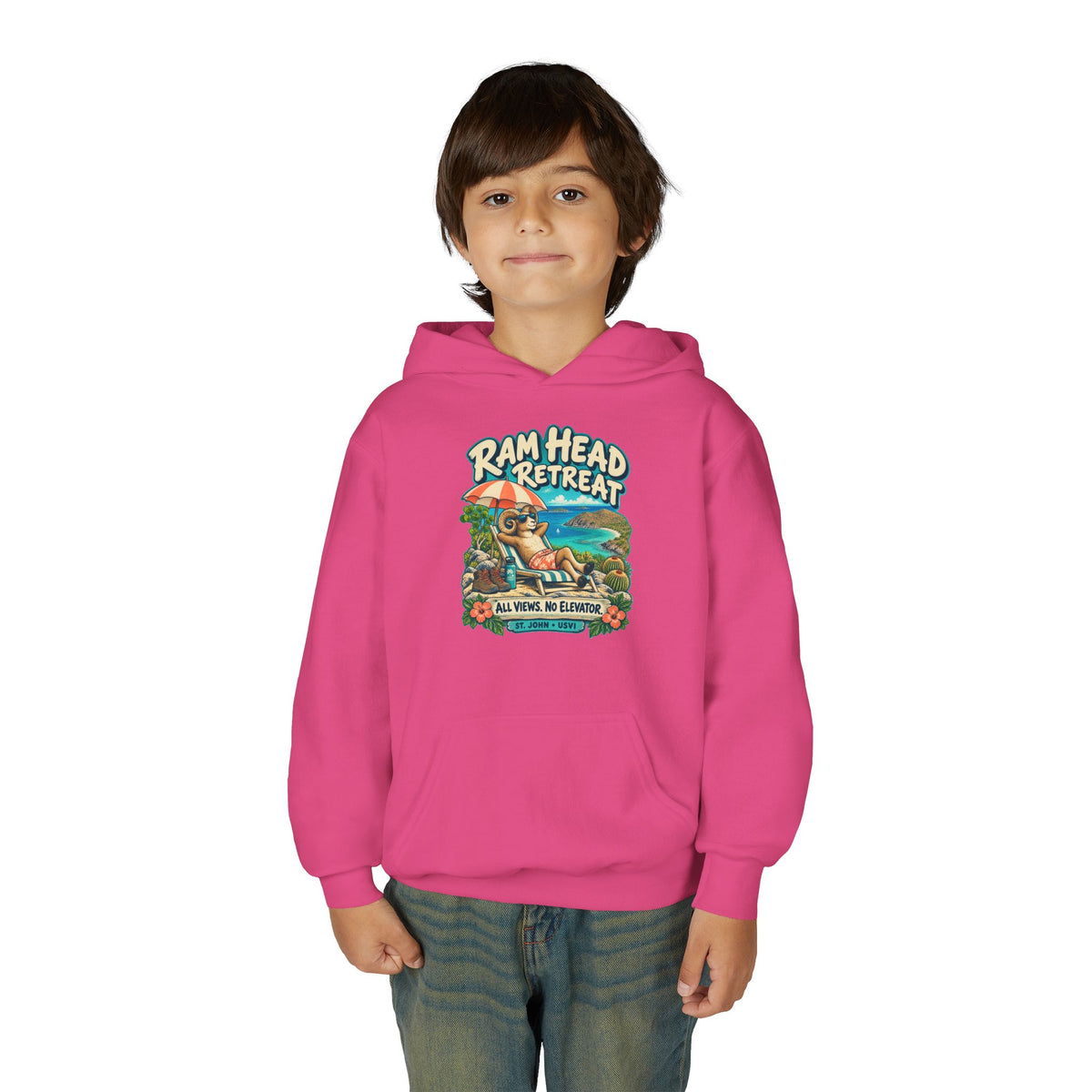 Model wearing Ram Head Retreat St John USVI Gildan 18500B Youth Hoodie with the lounging ram retreat design.