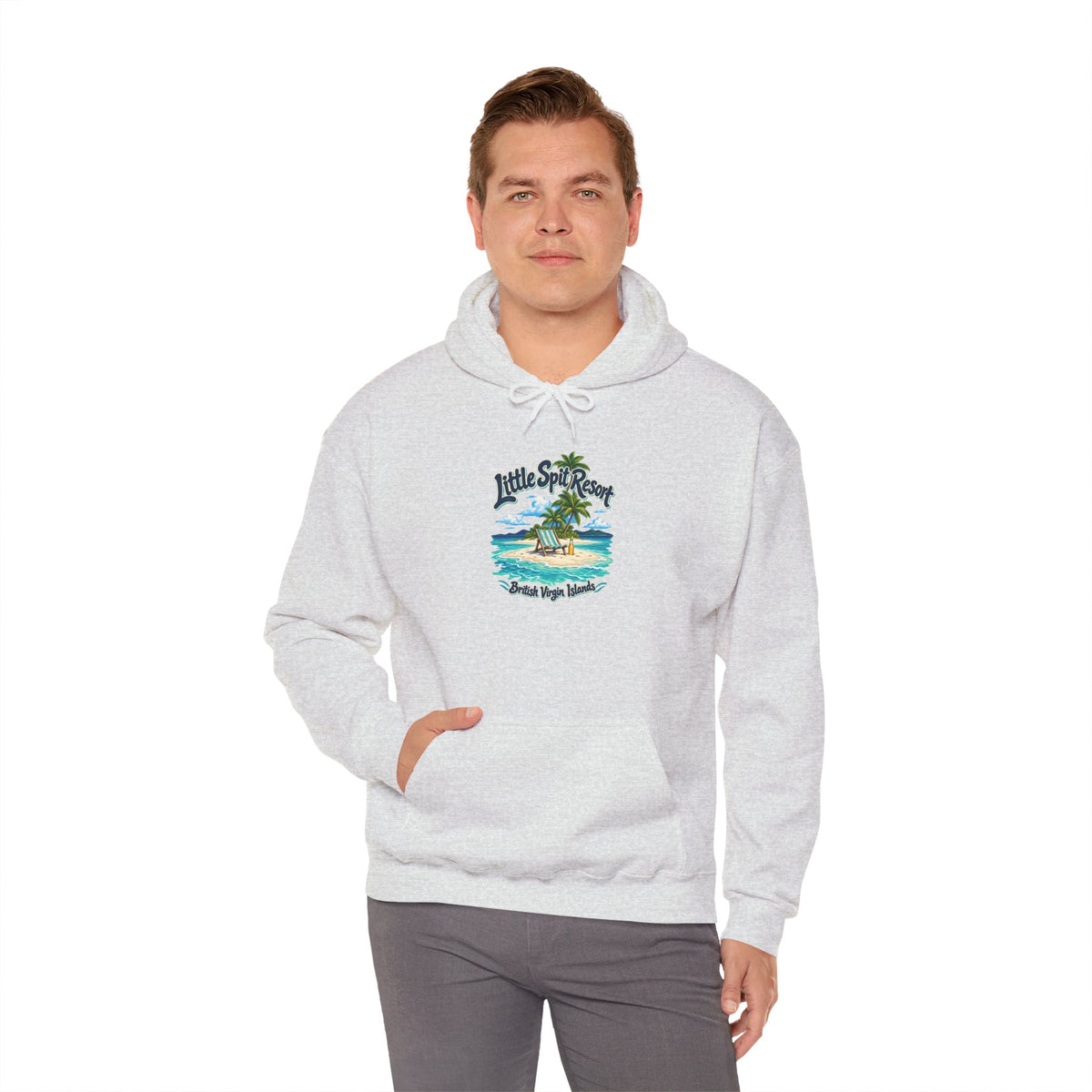 Model wearing the Little Spit Resort BVI Gildan 18500 hoodie with the beach-chair and palm-tree island graphic.