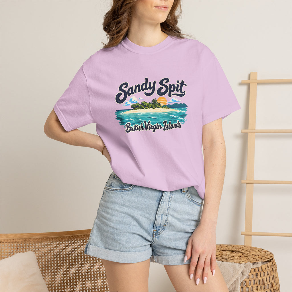 Model wearing the Sandy Spit BVI Comfort Colors 1717 T-shirt with colorful palm-tree island artwork and British Virgin Islands lettering.