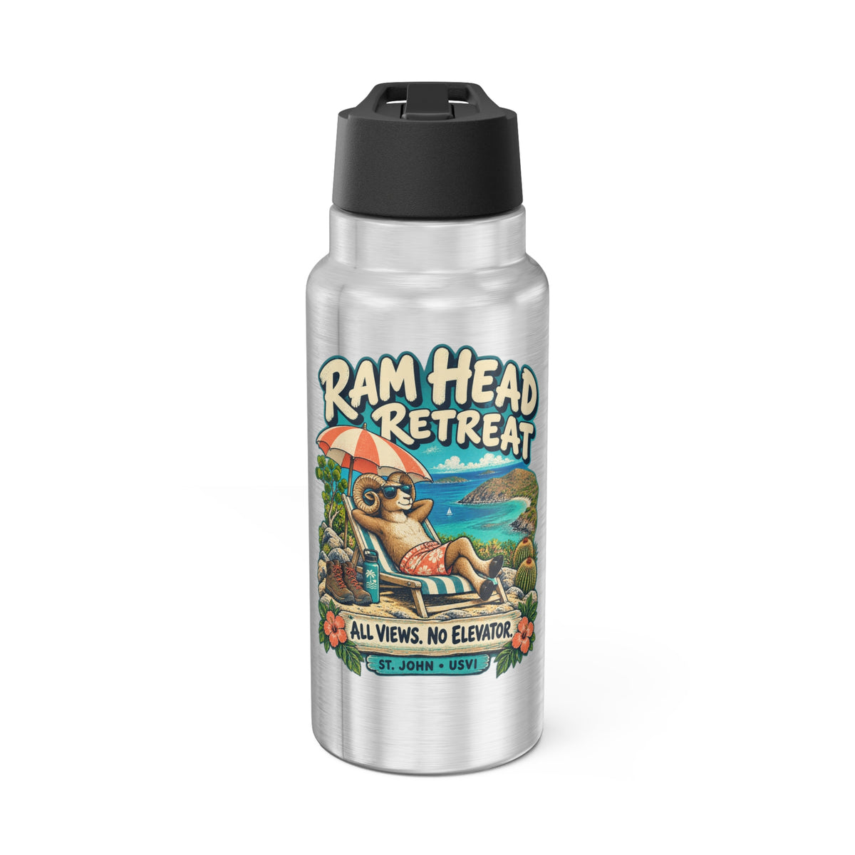 Silver Gator 32 oz tumbler with Ram Head Retreat St John USVI artwork, black lid and straw.