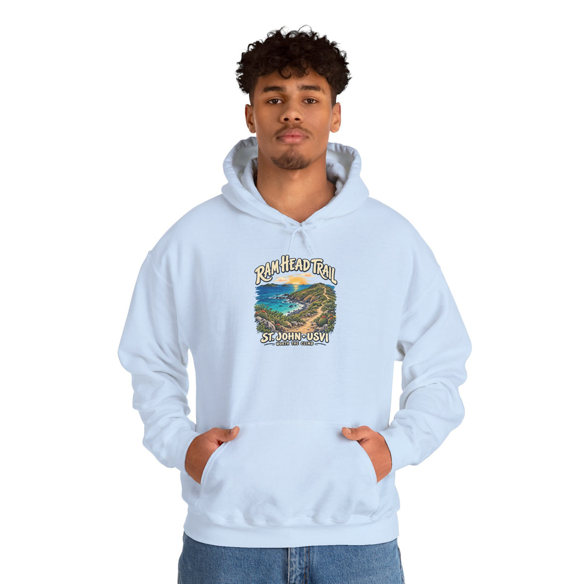Model wearing a Gildan 18500 hoodie with the Ram Head Trail coastal design and St. John USVI lettering on the front.
