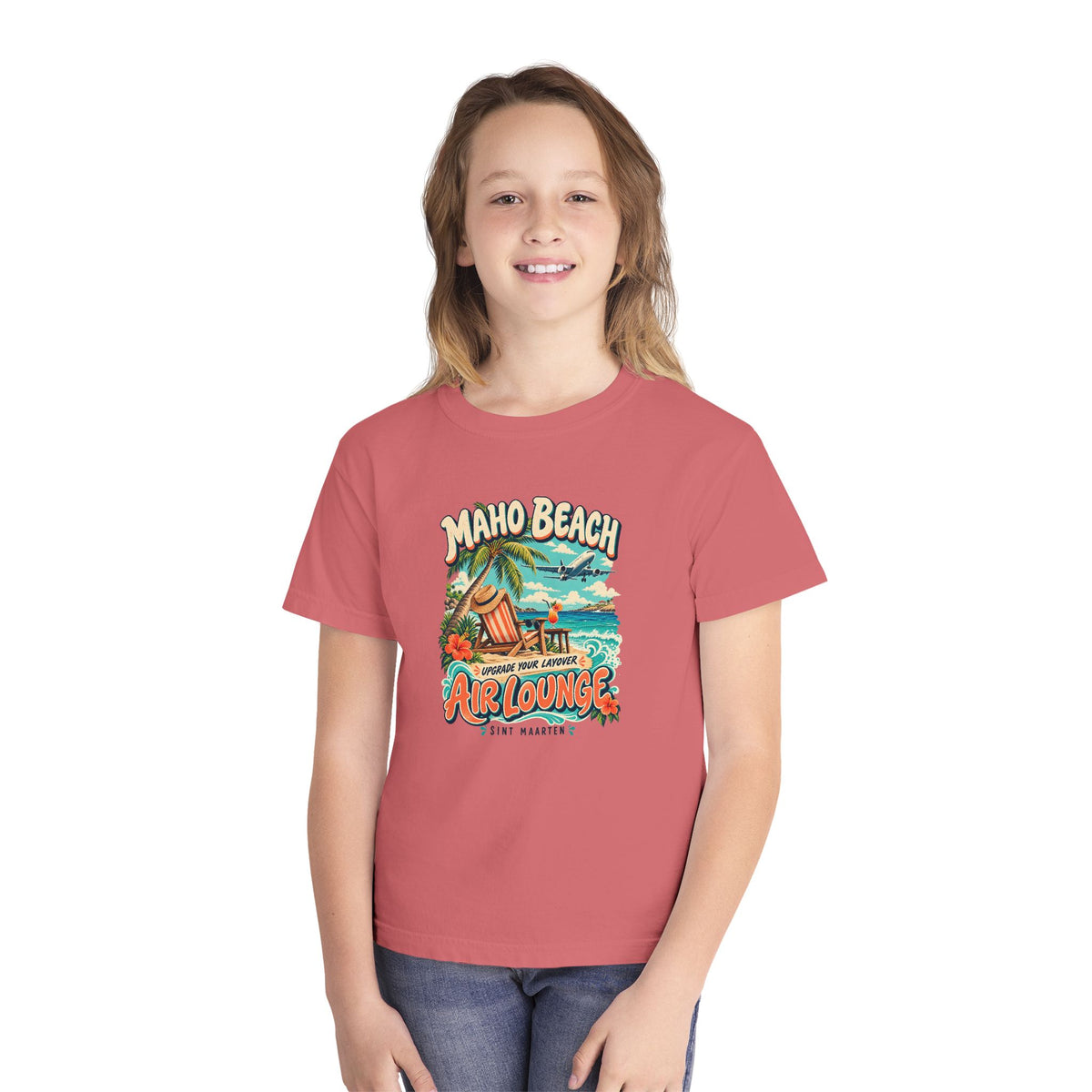 Maho Beach Air Lounge Sint Maarten Comfort Colors 9018 Youth T-Shirt featuring the Maho Beach destination artwork, supplier product mockup