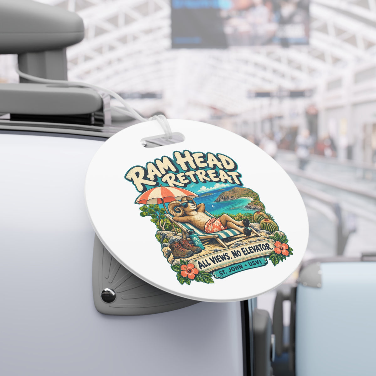 Ram Head Retreat St John USVI luggage tag with relaxing ram artwork, product mockup 1