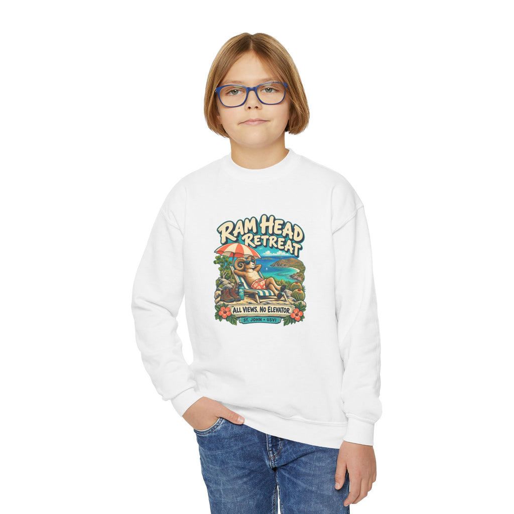 Youth model wearing a Gildan 18000B sweatshirt with Ram Head Retreat St John USVI artwork.