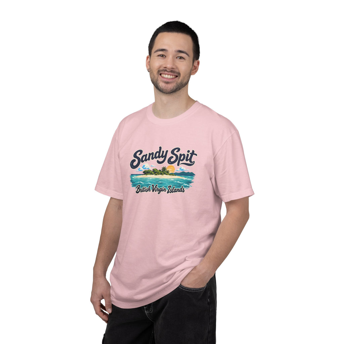 Model wearing the Sandy Spit BVI Comfort Colors 1717 T-shirt with colorful palm-tree island artwork and British Virgin Islands lettering.