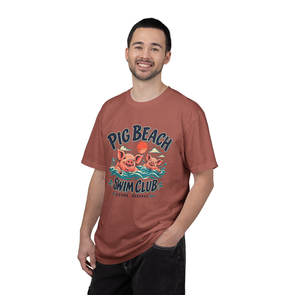 Model wearing the Pig Beach Swim Club Exuma Bahamas Comfort Colors 1717 T-shirt.