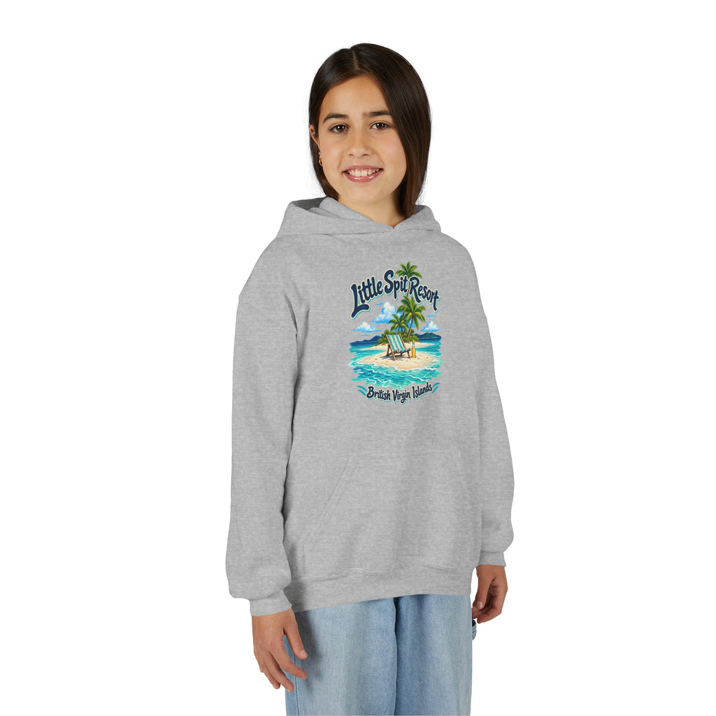 Young model wearing the Little Spit Resort BVI Gildan 18500B youth hoodie, front-view mockup.