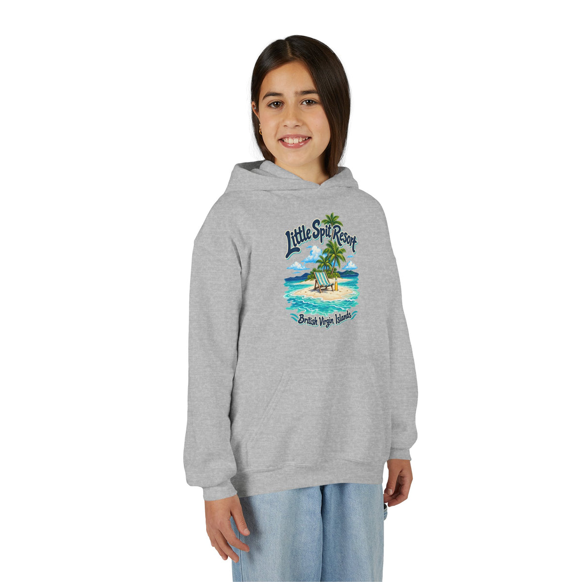 Young model wearing the Little Spit Resort BVI Gildan 18500B youth hoodie, front-view mockup.