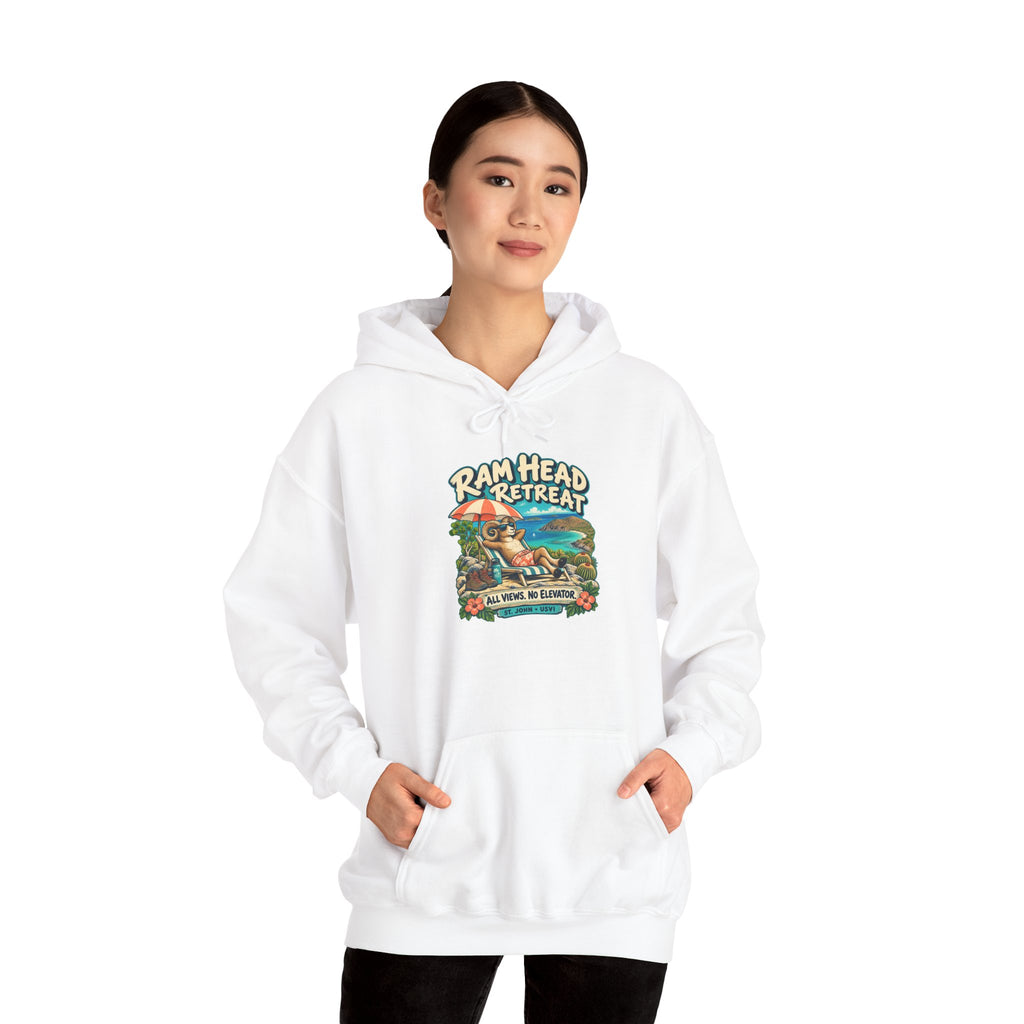 Model wearing a Ram Head Retreat St John USVI Gildan 18500 hoodie with lounging ram artwork.