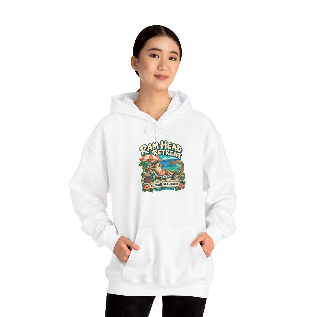 Model wearing a Ram Head Retreat St John USVI Gildan 18500 hoodie with lounging ram artwork.