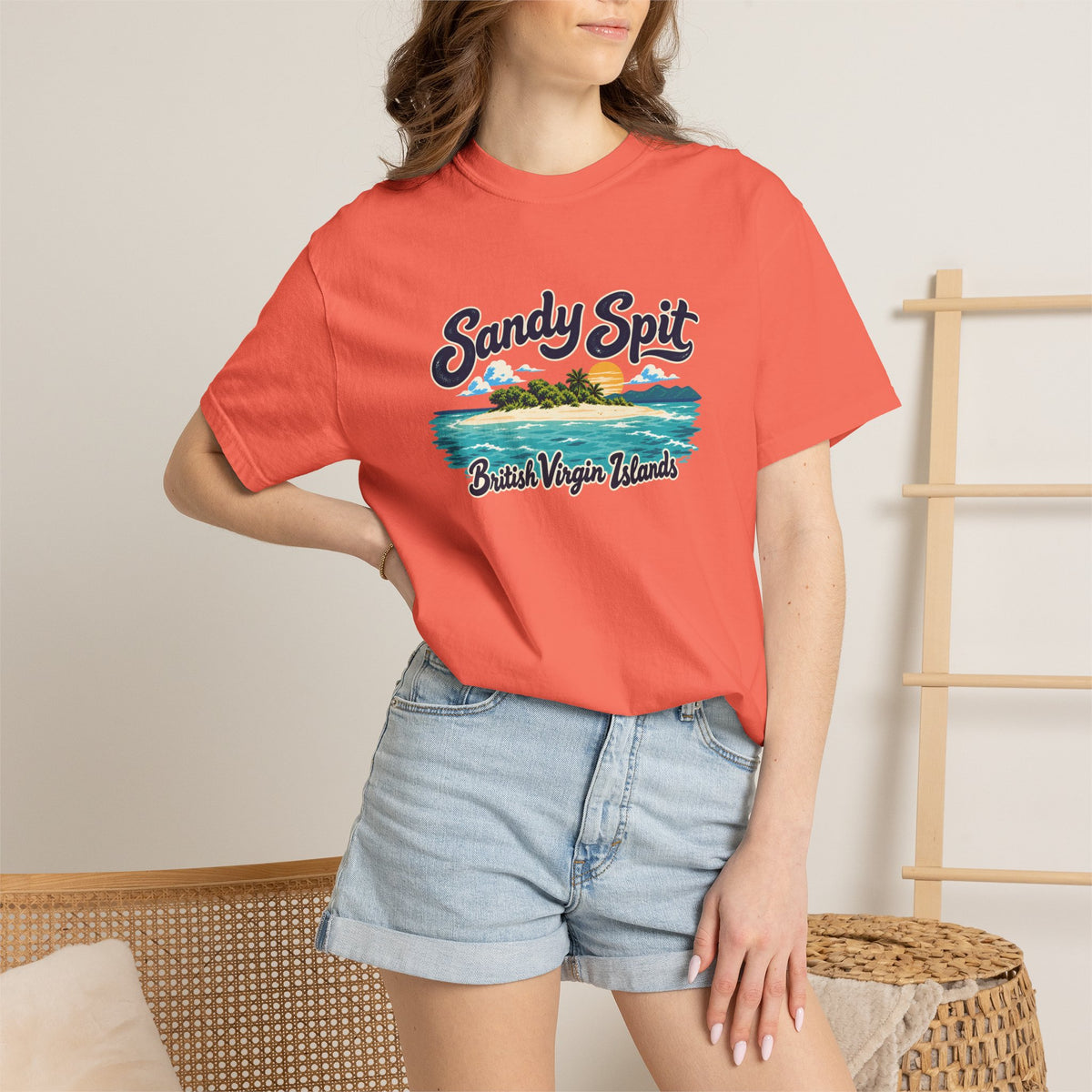 Model wearing the Sandy Spit BVI Comfort Colors 1717 T-shirt with colorful palm-tree island artwork and British Virgin Islands lettering.